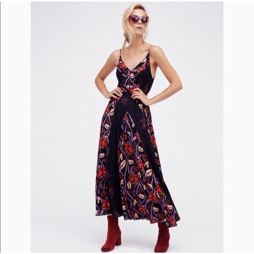 Free People Womens Zorah Maxi Dress Sz S Boho Black Floral Smocked Full Sweep